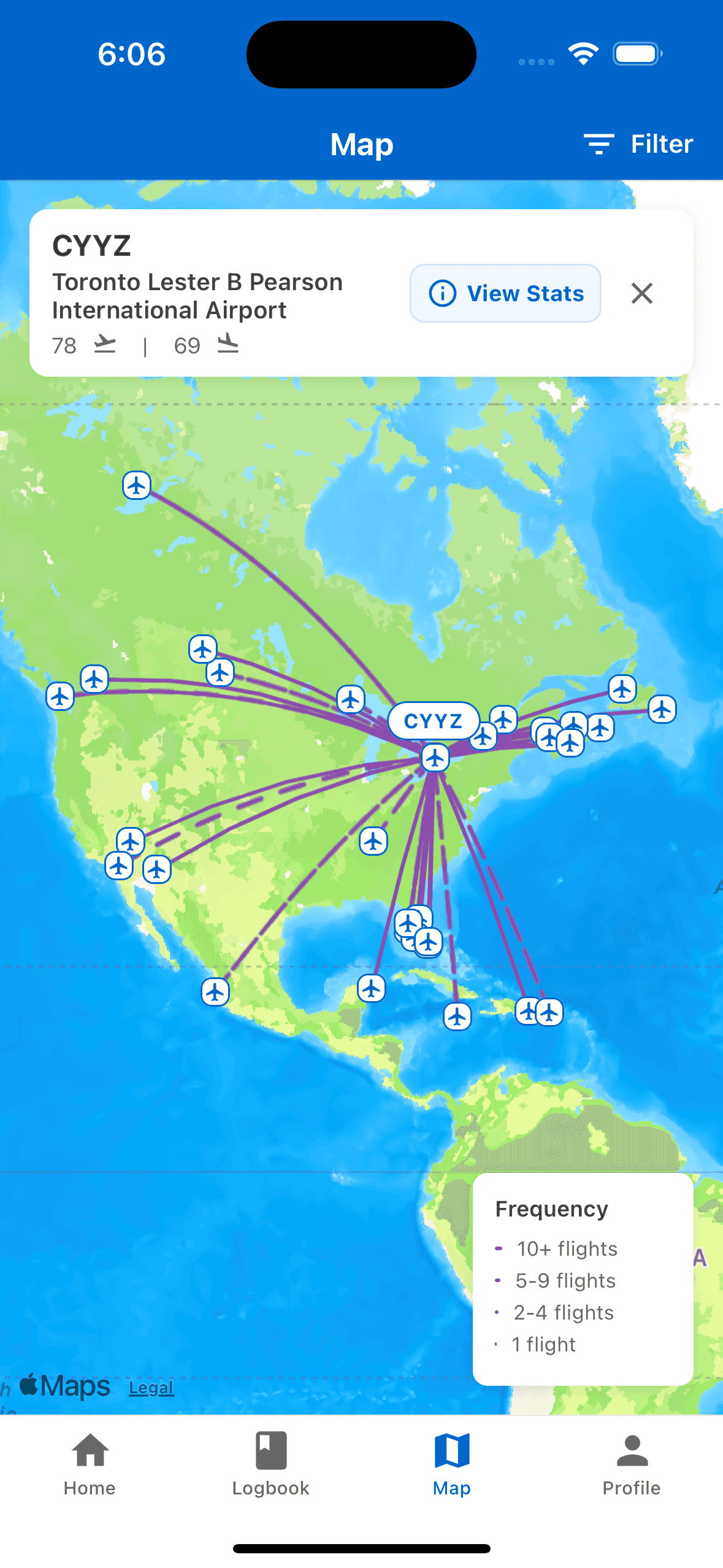 Map with flight routes screen